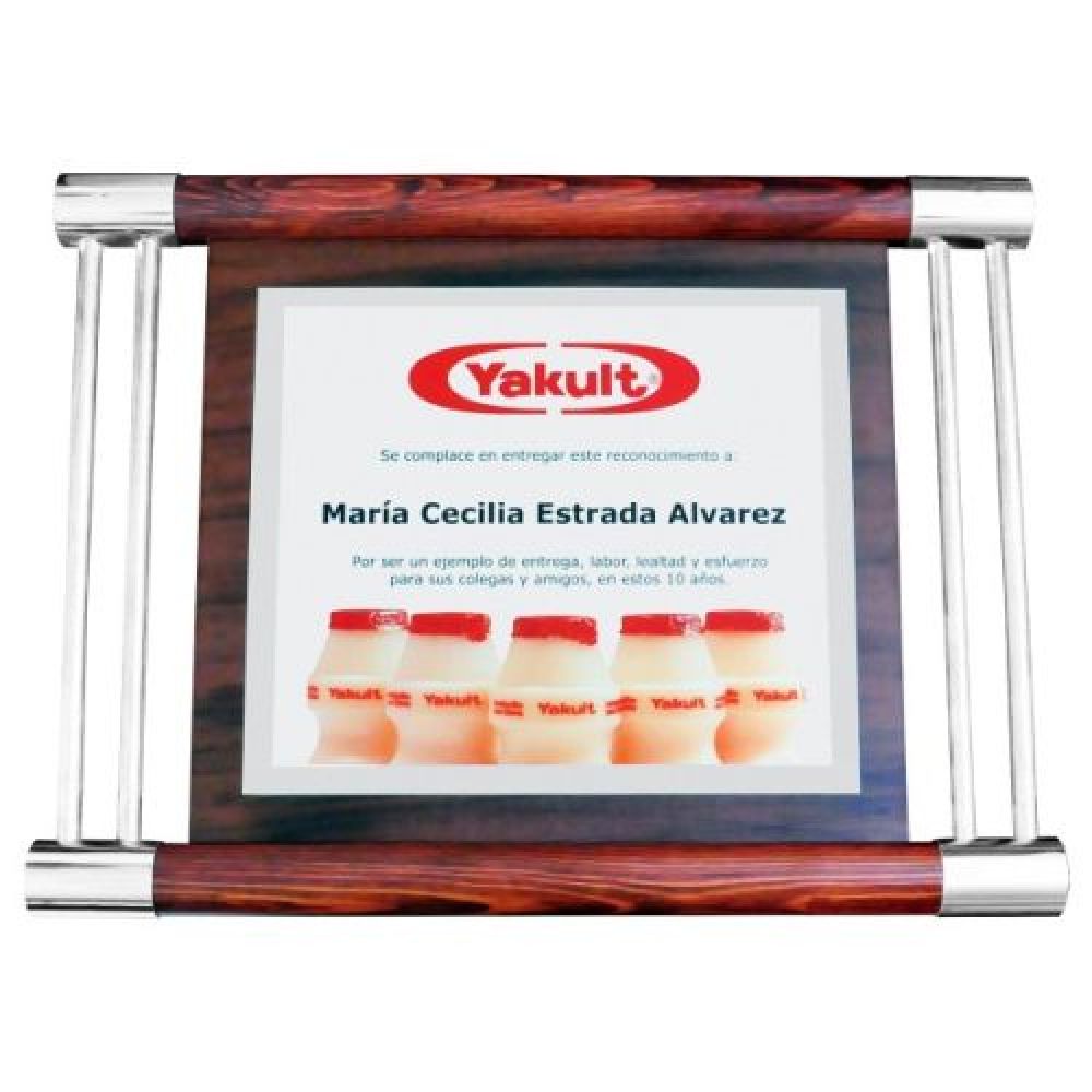 RECONOCIMIENTO IMITACION CANTERA CON TUBO DE ALUMINIO Y MADERA  CLARA CON  GRABADO EN LASER EN LA CANTERA imagen